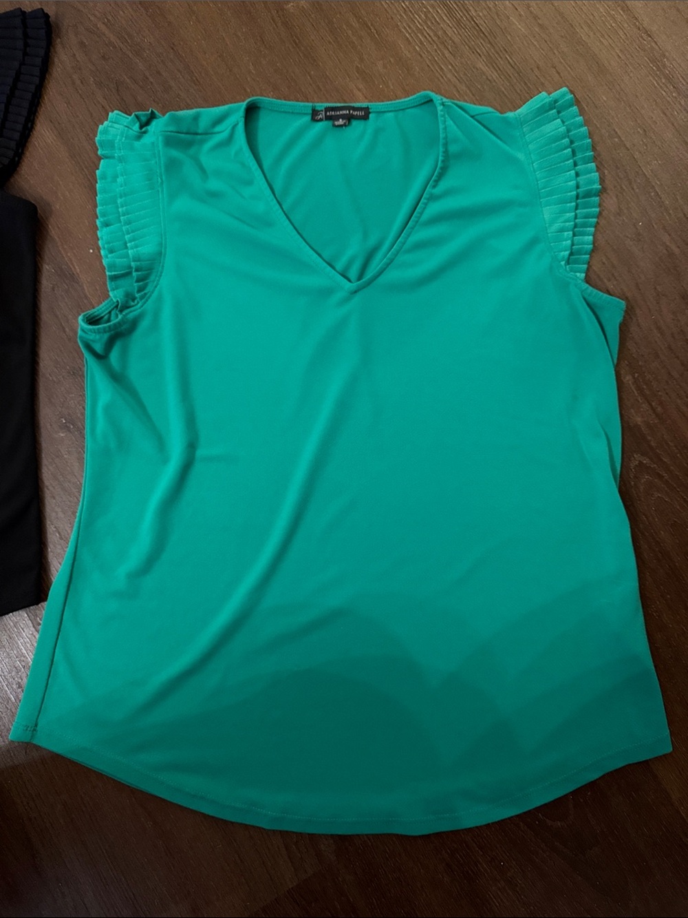 Adrianna Papell Pleated Sleeve V-Neck Tops - Black and Green - Picture 5 of 7